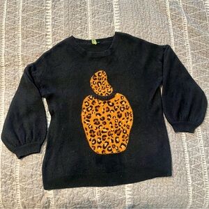 Farm Rio Black Knit Sweater Leopard Graphic Size M Statement Pullover